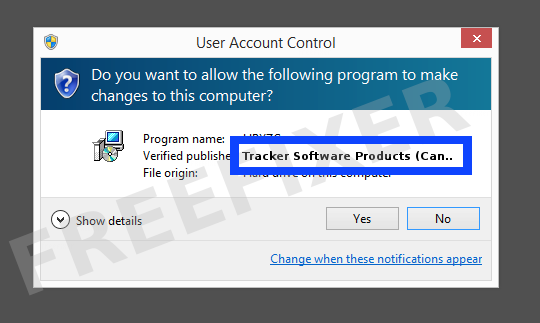 Screenshot where Tracker Software Products (Canada) Ltd appears as the verified publisher in the UAC dialog